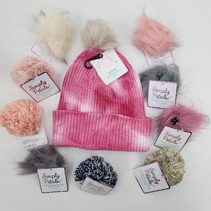 New Simply Petals Womens Pink Tie Dye Knit Beanie Cap & 10 Interchangeable Poms